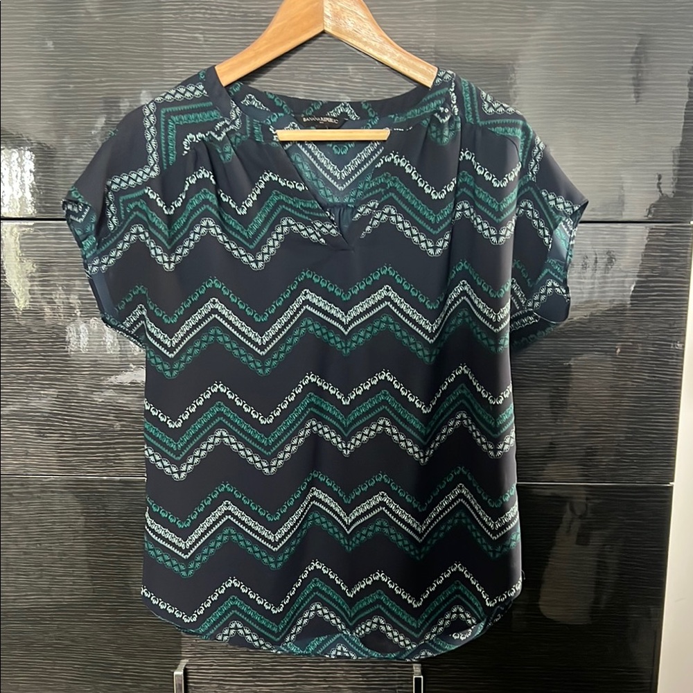 Banana Republic Blue and Black Cuffed Sleeve Blouse